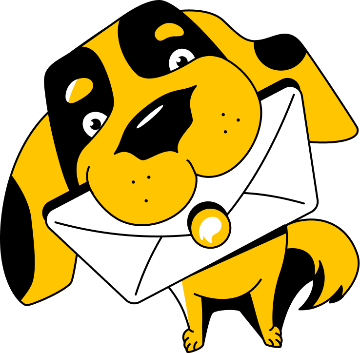 Mascot dog holding a mail envelope
